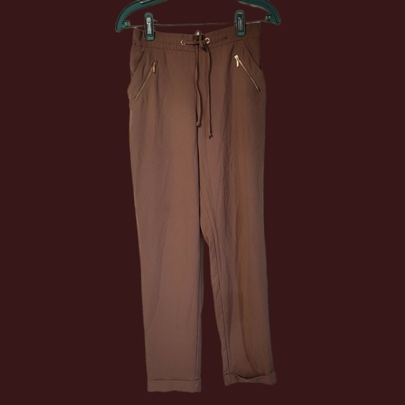 Atmosphere Pants Brown Gold Zip Accents Tie Front Size 8 Paper Bag - Picture 1 of 6